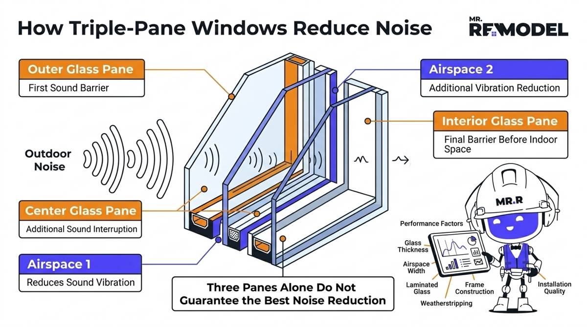 Cross-section infographic showing how triple-pane windows reduce sound transmission through multiple layers of glass and airspace.